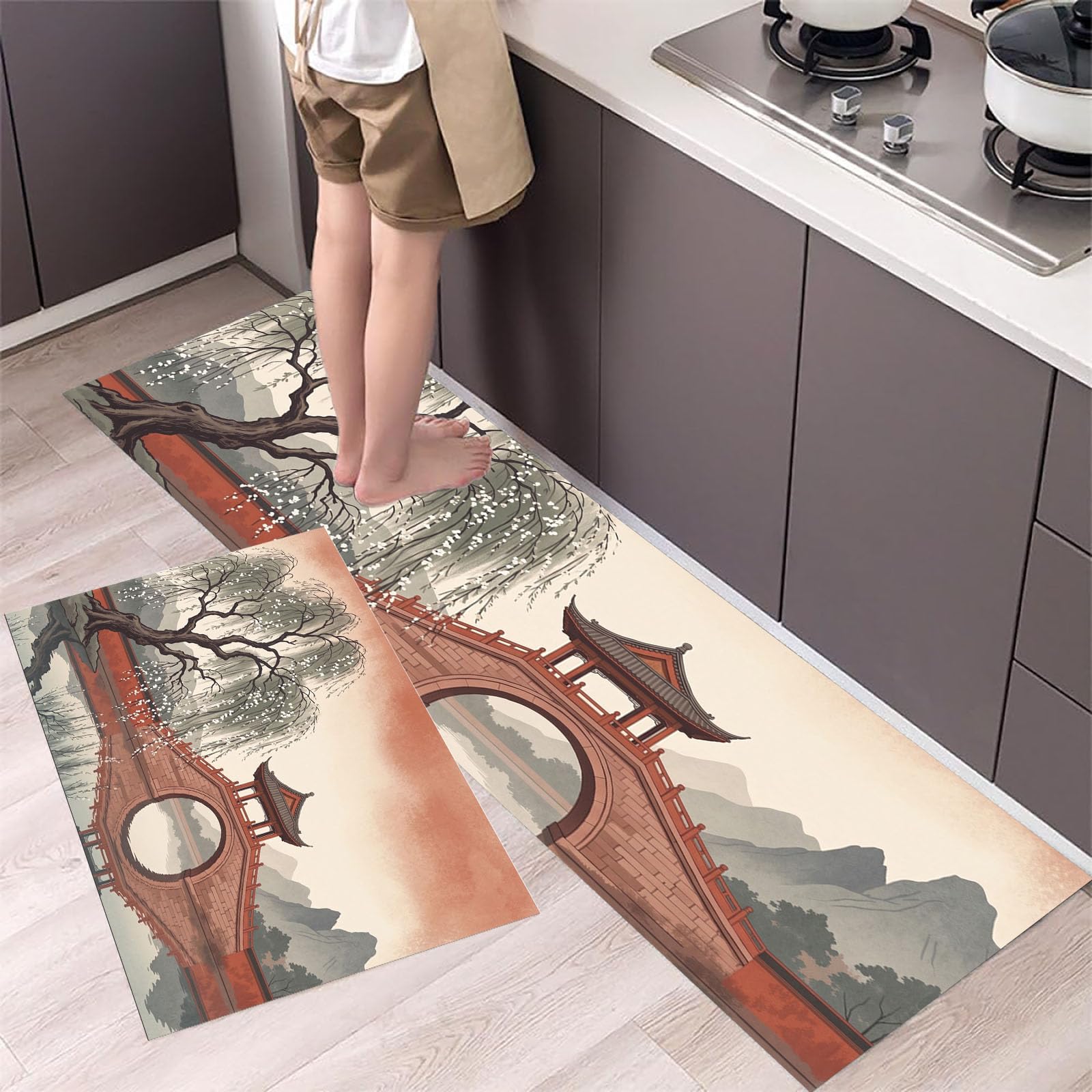 Style Chinois Tapis de Cuisine 2 pièces, Pavillon Pont Pierre Saule Tapis de Cuisine antidérapant, Rouge Tapis de Sol de Cuisine Absorbant résistant aux Taches - 43x75+43x150cm
