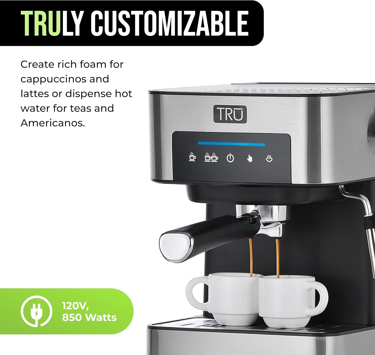 Tru Touch Screen Espresso Maker - Automatic Espresso Machine with Single & Double Shot Brew Settings - Comes with Steam Wand & Cup Warmer - Easy-to-Clean & Maintain - 56-Ounce Water Tank