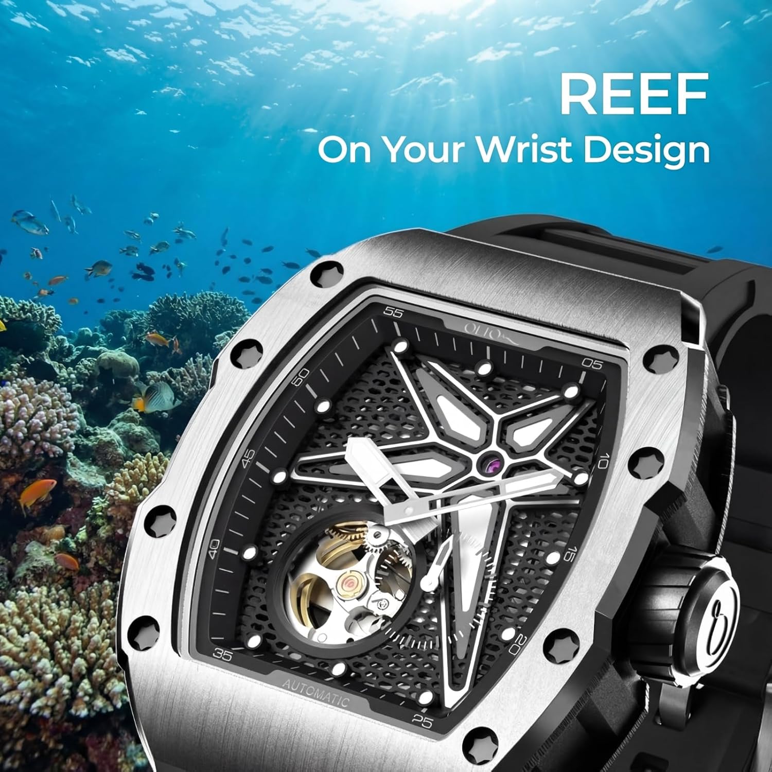 Men's Automatic Mechanical Watch, Design Reef Tonneau Luxury Skeleton Watches for Men