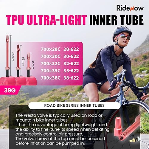 Miniatura 2 de Ridenow 2-Pack Bike Inner Tube for 70018C-28C, 70018C-32C,70028C-38C with 456585 mm Metal &TPU Presta Valves for Road Bikes, Super Light Puncture