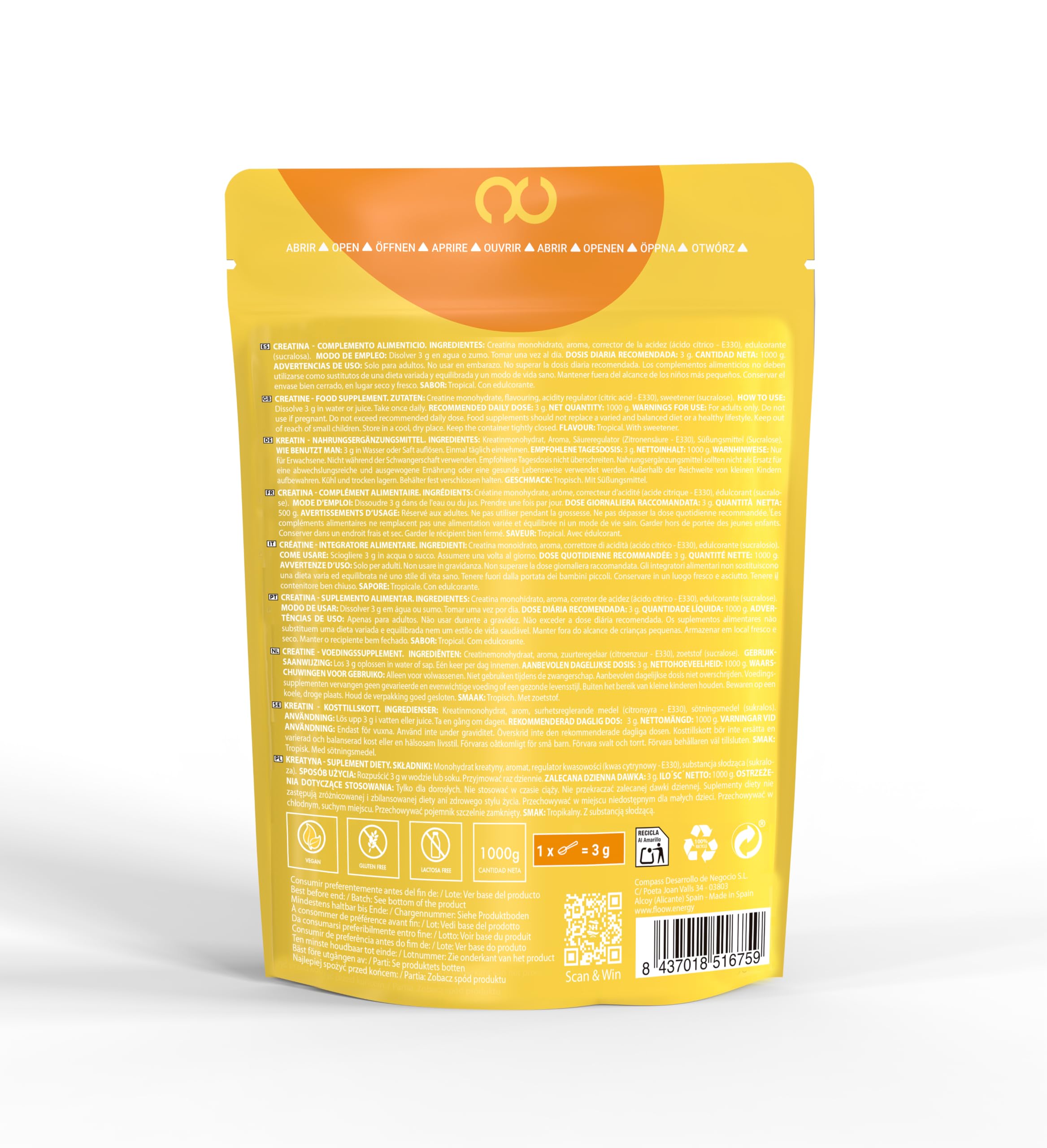 FLOOW - Creatina Monohidratada Sabor Tropical - 1000g (333 Dosis) - Creatine en Polvo Pura sin azúcar ni Maltodextrinas - Creatina Micronizada 200 Mesh - Suplemento Deportivo para Masa Muscular