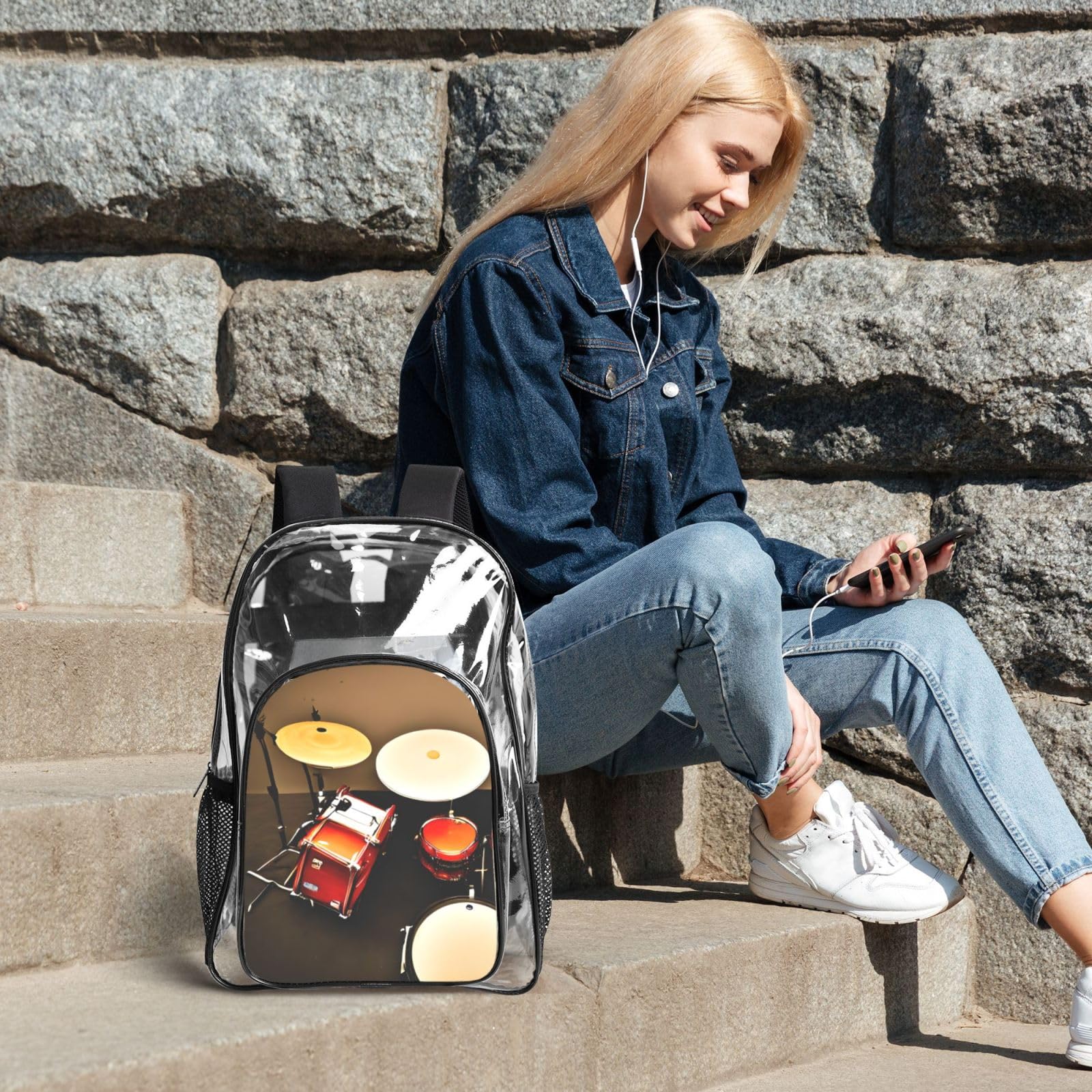 Schlagzeug-Set, Standarddruck, für Damen, Herren, Kinder, transparent, Rucksack, Schule, Reisen, 3-teiliges Lunchpaket