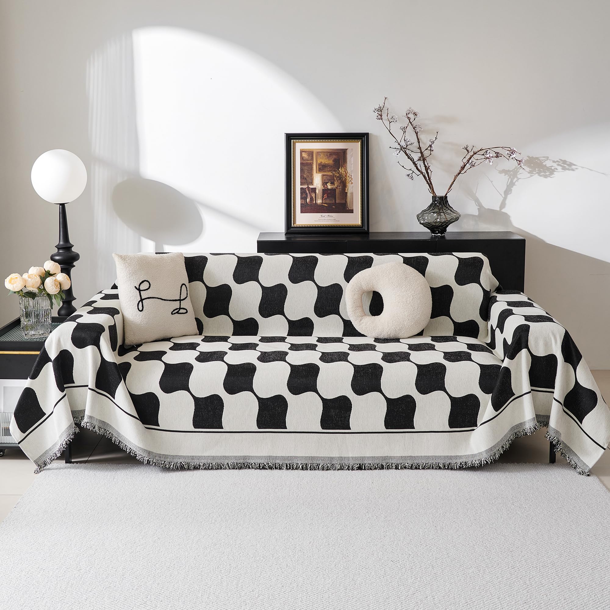 MEETSKY Sofa Covers Washable Couch Covers for 3 Cushion Couch Sofa Pet Friendly, Simple Modern Plaid Jacquard Couch Covers for Dogs, 91" x 118", Black