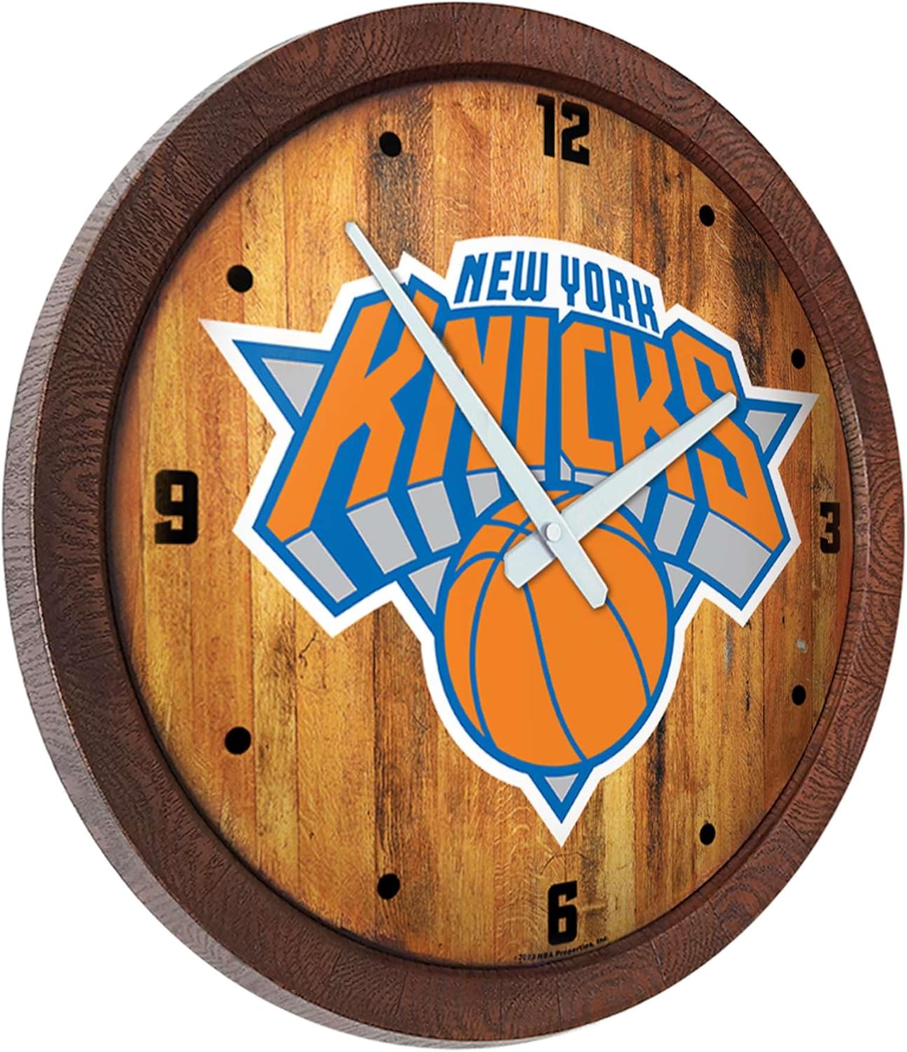New York Knicks: "Faux" Barrel Top Clock - Basketball Decor for Home, Game Room, Fan Cave & Garage - USA Made