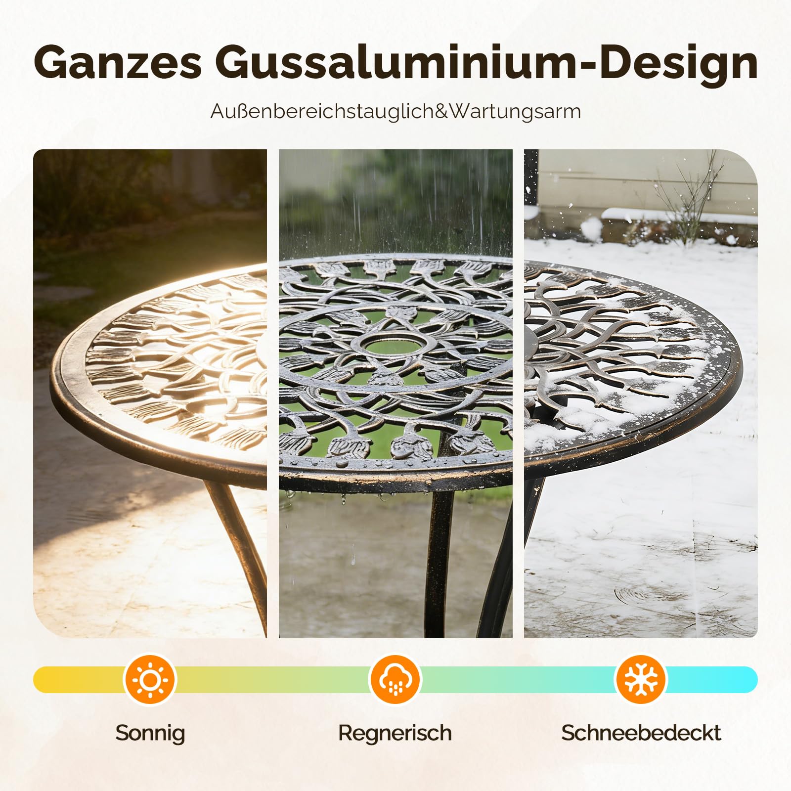 Bonnlo Bistro Set, Bistrotisch mit 2 Stühlen & 2 Kissen, Gartenmöbel Set aus Gussaluminium, Wetterfest & Abnehmbar, für Garten, Balkon, Terrasse & Indoor, Bronze mit Kontrast-Kissen in Weiß