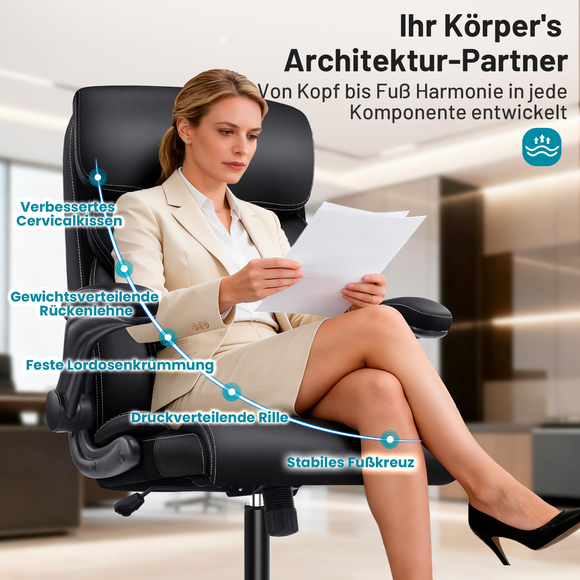 Ergonomischer Chefsessel aus PU-Leder mit Armlehnen, Schwarz | belastbar bis 180 kg , Hohe stabile Rückenlehne, höhenverstellbarer Drehstuhl mit Rollen, optimal für Büro & Homeoffice