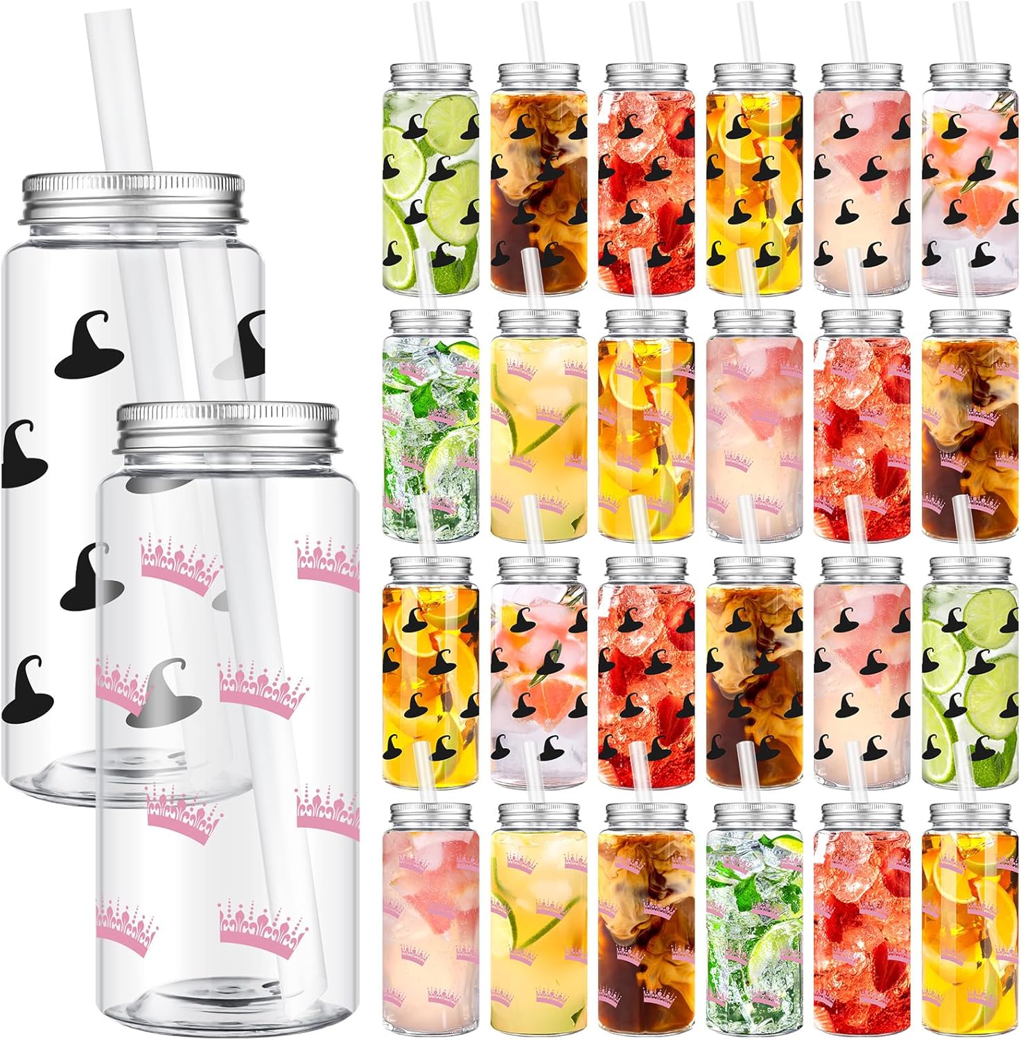 24 Set Halloween Witch Hat and Crown Reusable Plastic Bottles with Lids Straws Bachelorette Party Supplies Clear Plastic Tumbler Drinking Tumbler Cups for Princess Bad Witch Birthday Party