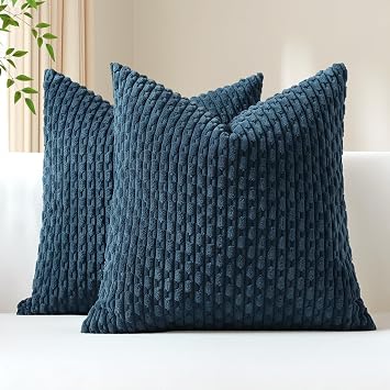 OTOSTAR Set of 2 Blue Soft Corduroy Decorative Throw Pillow Covers Striped Boho Pillow Cases for Sofa Couch Bedroom Living Room Patio Farmhouse Modern Home Decor Cushion Cover 22x22 Inch