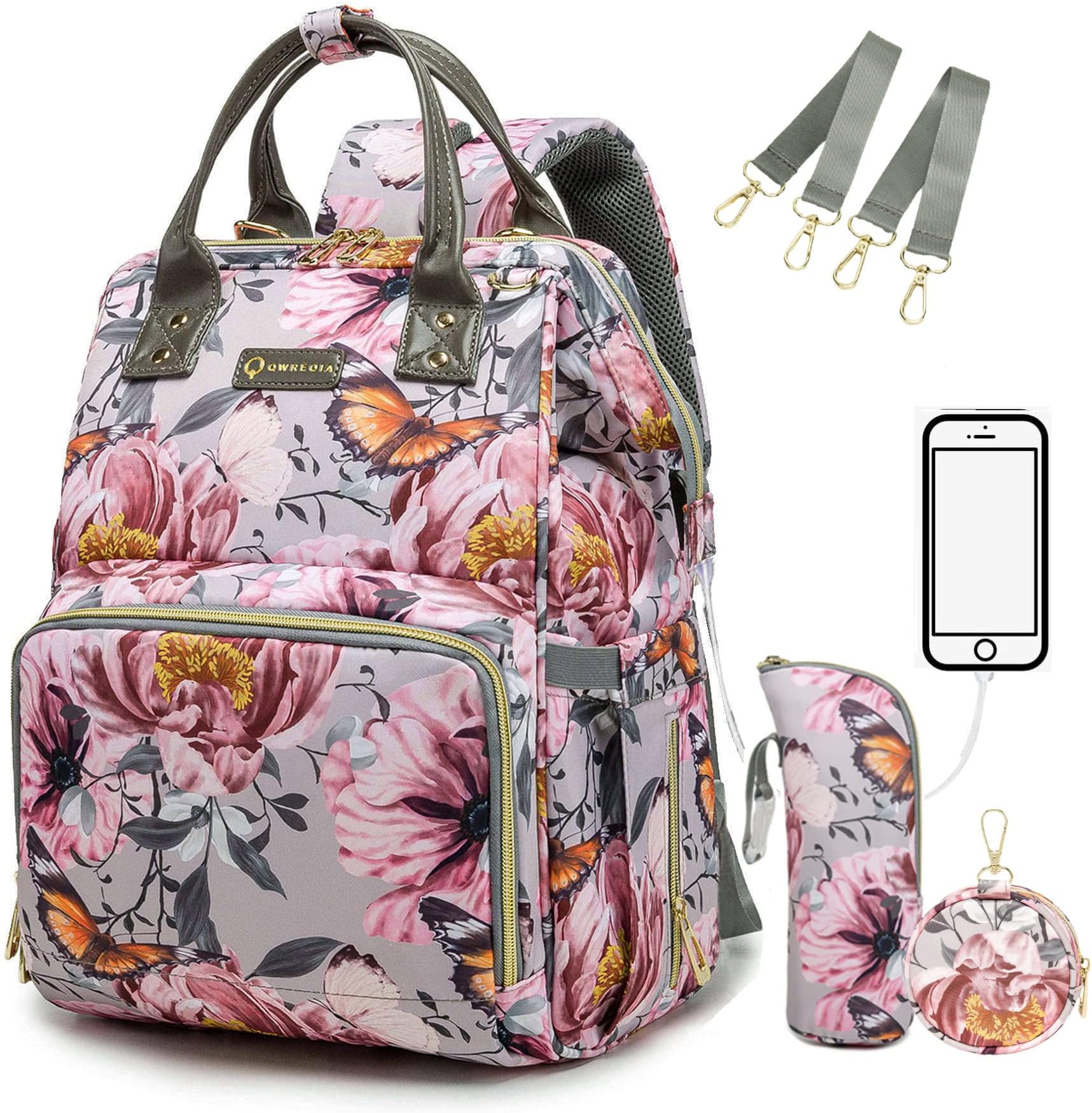 Floral Diaper Bags for Baby Girl,Baby Bag with USB Charging Port Stroller Straps and Insulated Pocket For Women/Girls/Mum/Toddler by Qwreoia (Grey Pink Flower Pattern)