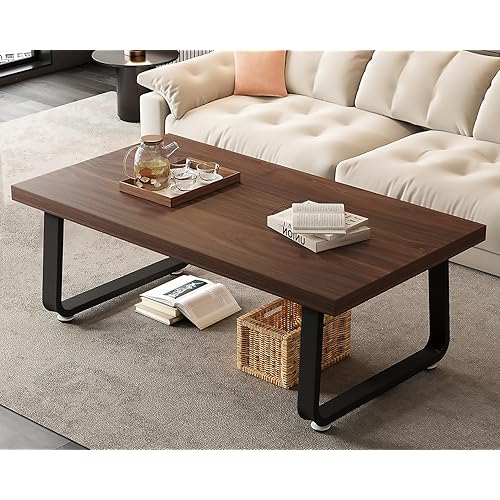 HSH Rustic Walnut Coffee Table, Modern Center Table, Rectangle Industrial Living Room Coffee Table, Simple Farmhouse Wood and Metal Tea Table for Home Bedroom Office, Walnut, 47 in