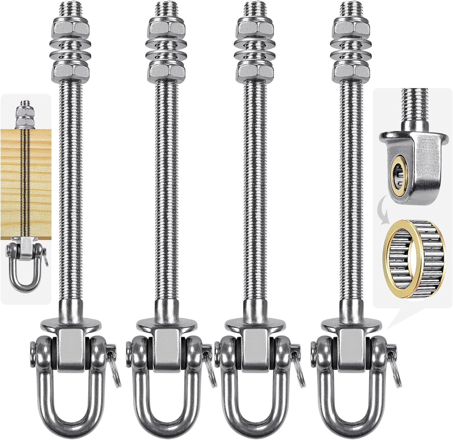 SELEWARE Heavy Duty Stainless Steel Swing Hangers with Bearings (Set of 4), Swing Bolts M10 x 9", 1800LB Capacity for Wood & Steel Beams, Yoga Hammock, Porch Swing