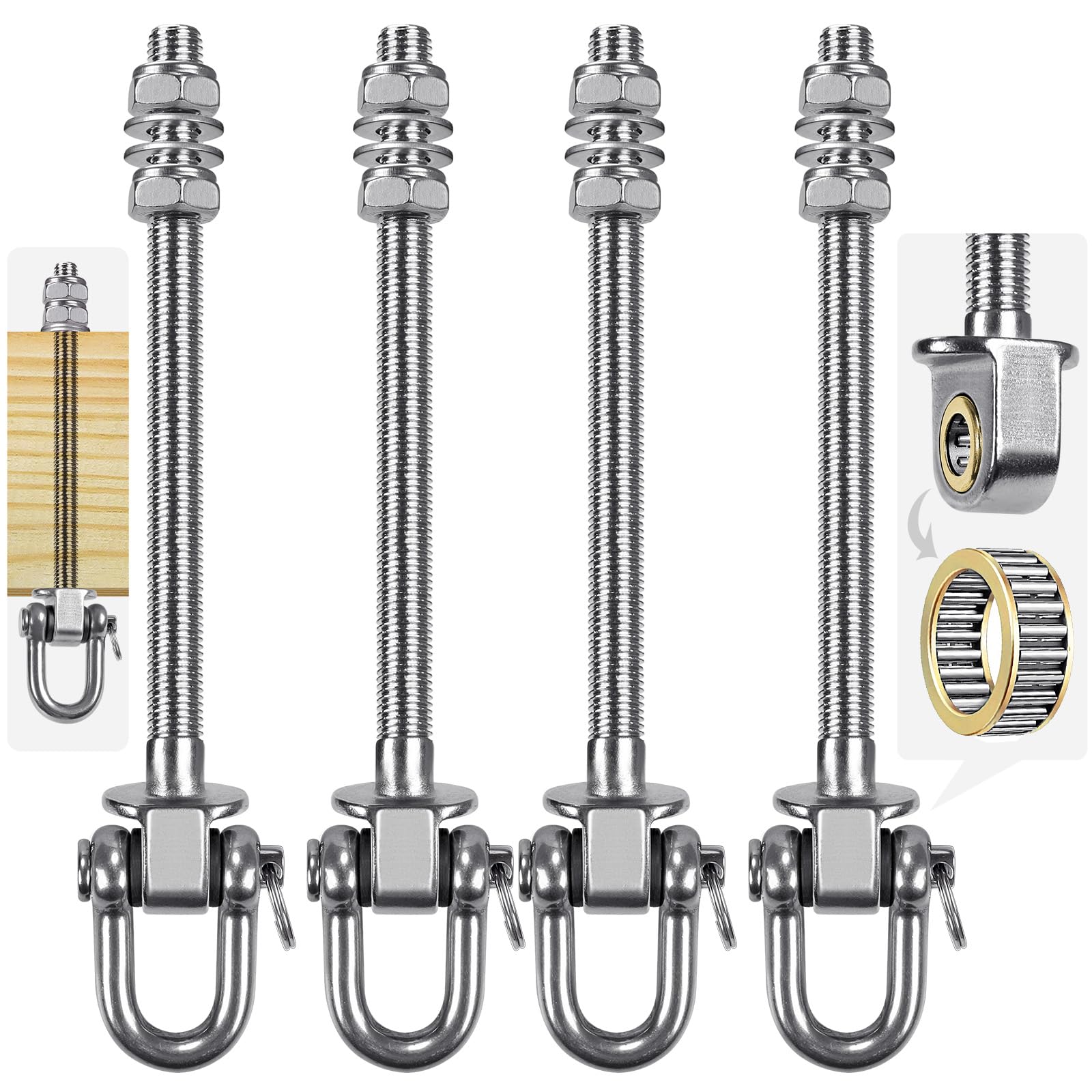SELEWARE Ganci per Altalena Pesanti in Acciaio Inox con Cuscinetti (Set di 4), Bulloni per Altalena M10 x 22,9 cm, Capacità 816 kg per Travi in Legno e Acciaio, Amaca Yoga, Altalena da Veranda