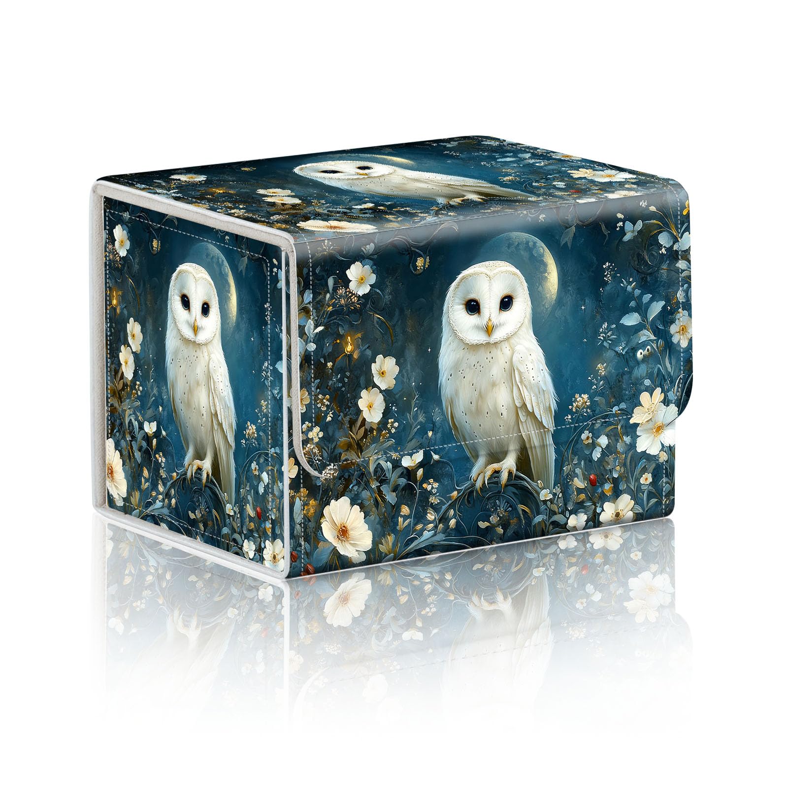 DISUOFEART Trading Card Storage Box, Holds 100+ for MTG Cards, PU Leather with Magnetic Closure, White Owl in Moonlit Floral Night Durable Deck Box for Magic the Gathering, Trading Card Games