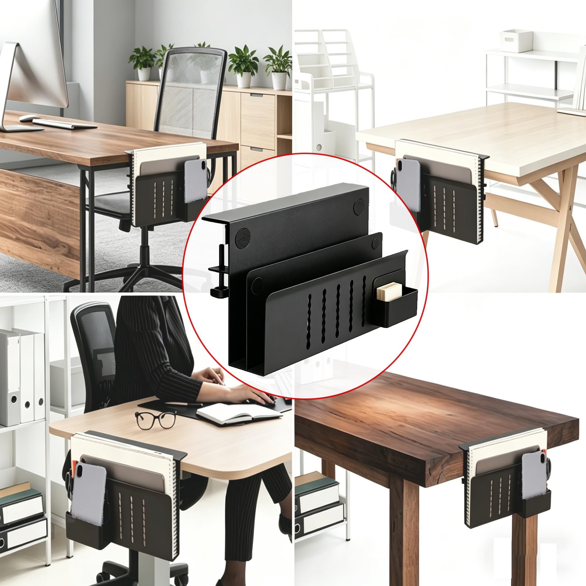 Contenitori Laterali per Scrivania, Scrivania Organizer Laterale, Contenitore Laterale da Regolabile Con Portapenne Magnetico, Supporto Metallo Sotto, nero, doppio strato