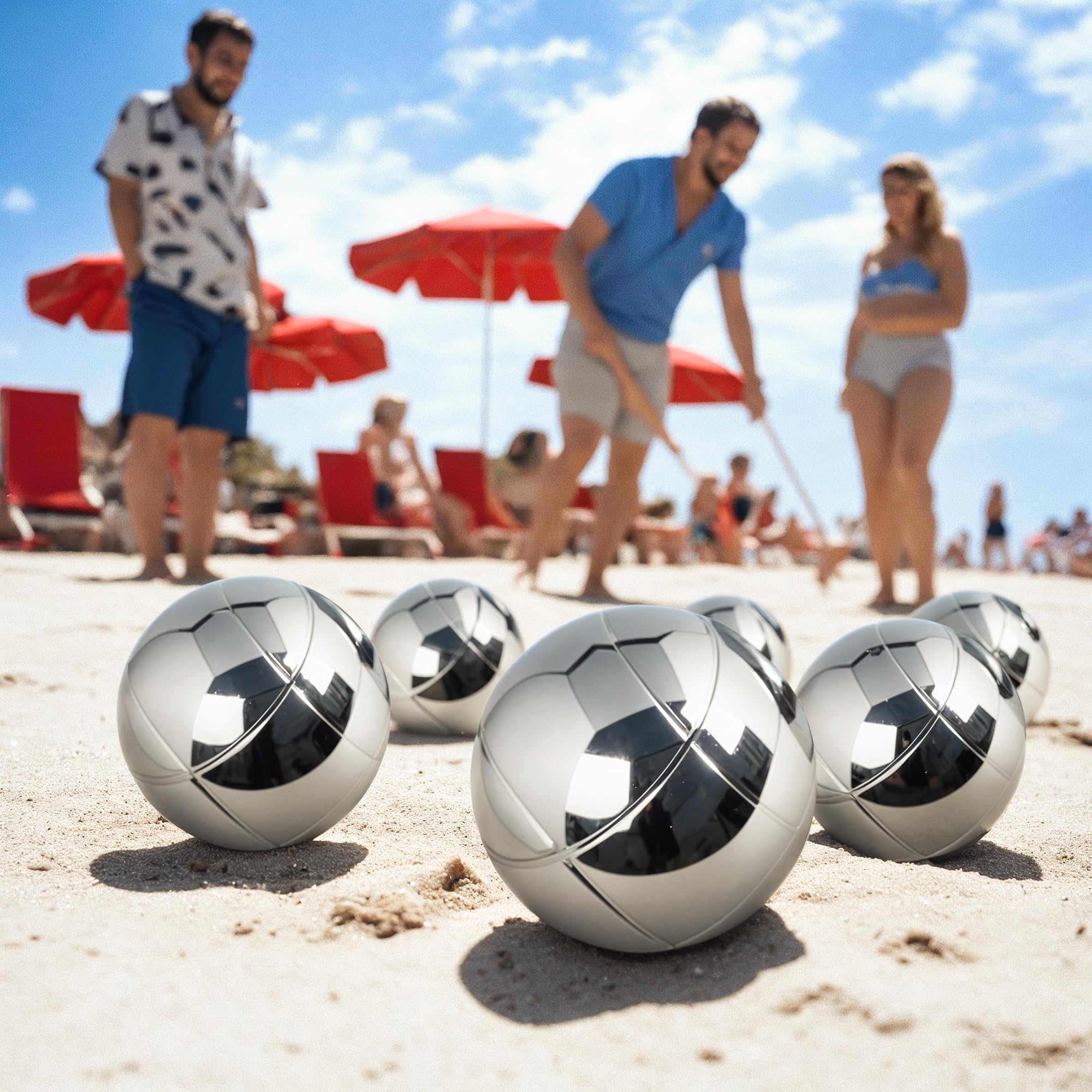 Boule Set, 6 Boccia Kugeln Metallkugeln Ø73mm, Boccia Spiel mit Tragetasche, 2 Zielkugeln, 2 Entfernungsmesser, 1 Magnet, Petanque fur Garten Camping Strand, Boccia Set für Outdoor Sport Spiel