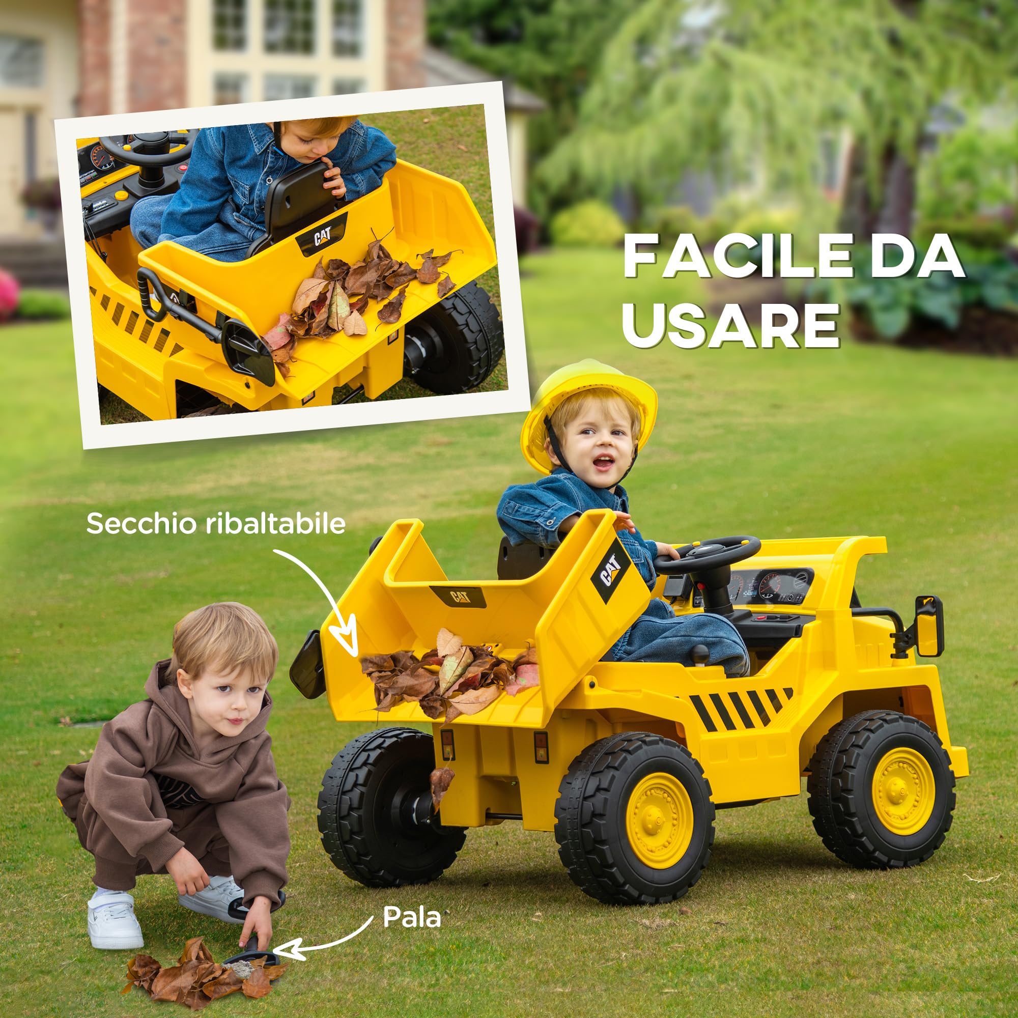AIYAPLAY 12V Camion Giocattolo Licenza Caterpillar con Musica Giallo | Macchina Elettrica per Bambini, Telecomando, Fari, Secchio e Pala, Escavatore in PP e Metallo