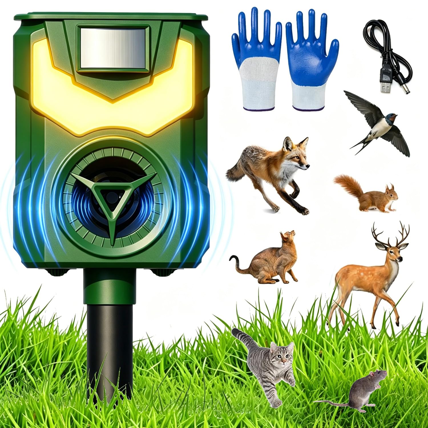 Répulsif solaire à ultrasons pour chats et renards - Pour jardin - Étanche IP44 - 5 modes de fréquence - Détecteur de mouvement PIR - Lumière stroboscopique et alarme pour ferme, cour, écureuils