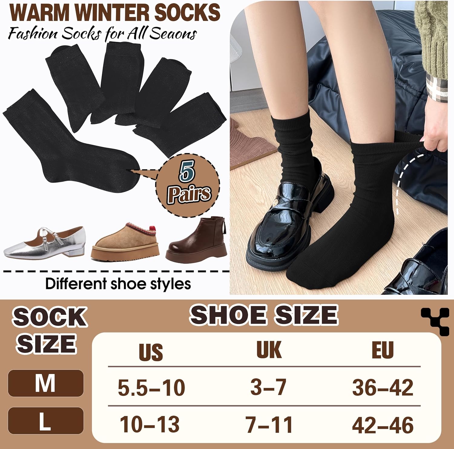 Thin Merino Wool Boot Socks Warm Winter Cozy Comfy Breathable Work Casual Socks for Women 5 Pairs - Image 5