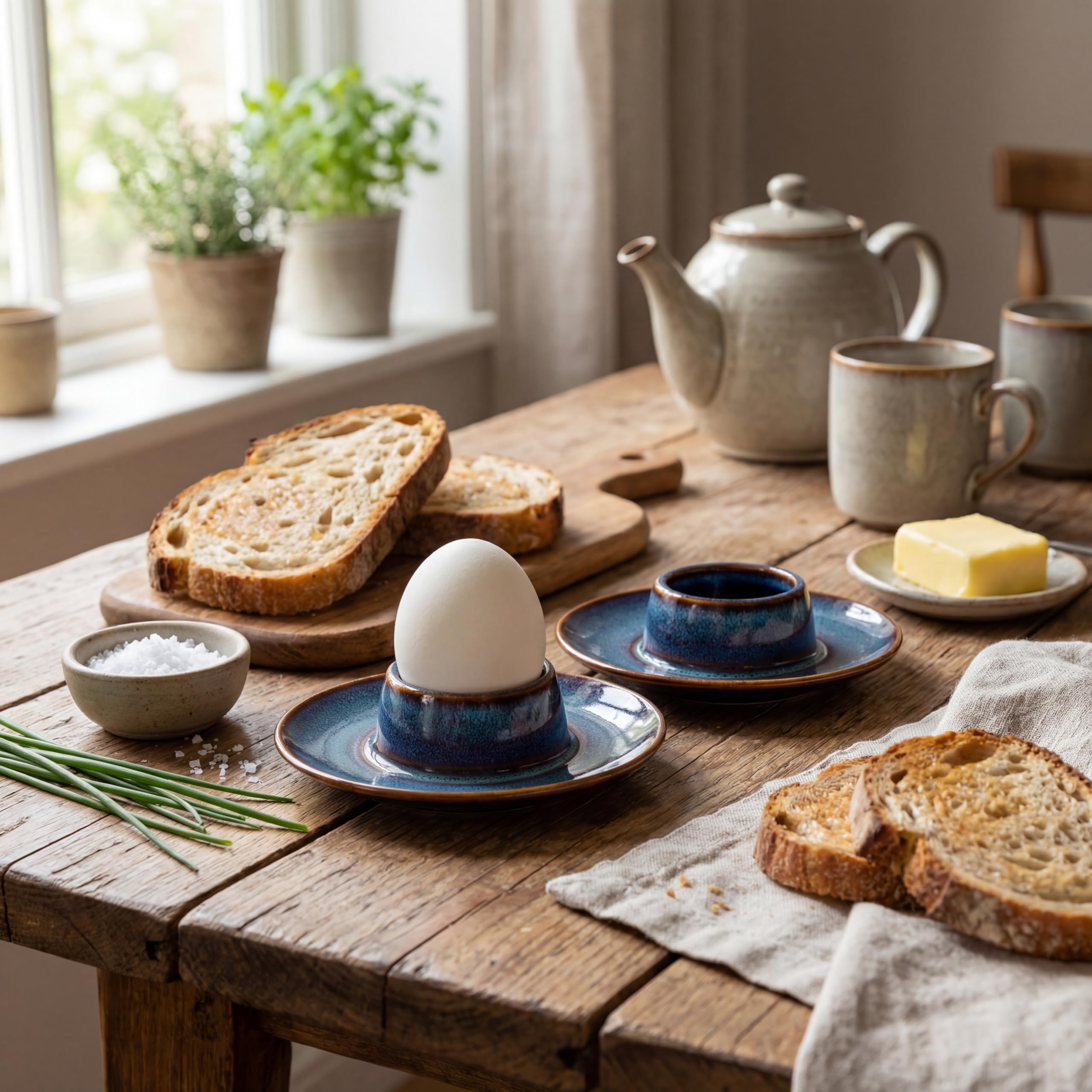 Lot de 6 coquetiers en porcelaine - Empilables - Avec coins ronds - Gris - Bleu