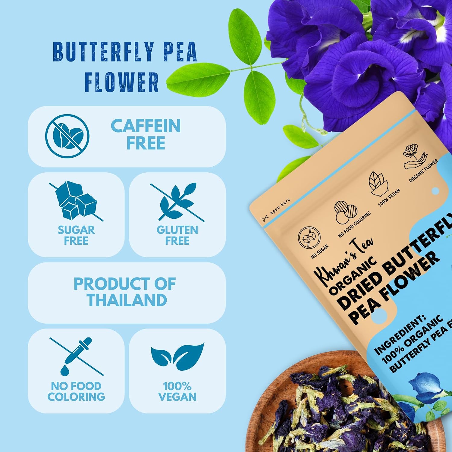KHWAN'S TEA Organic Butterfly Pea Flower Tea, Loose Dried Flowers, 1.8 oz image 2