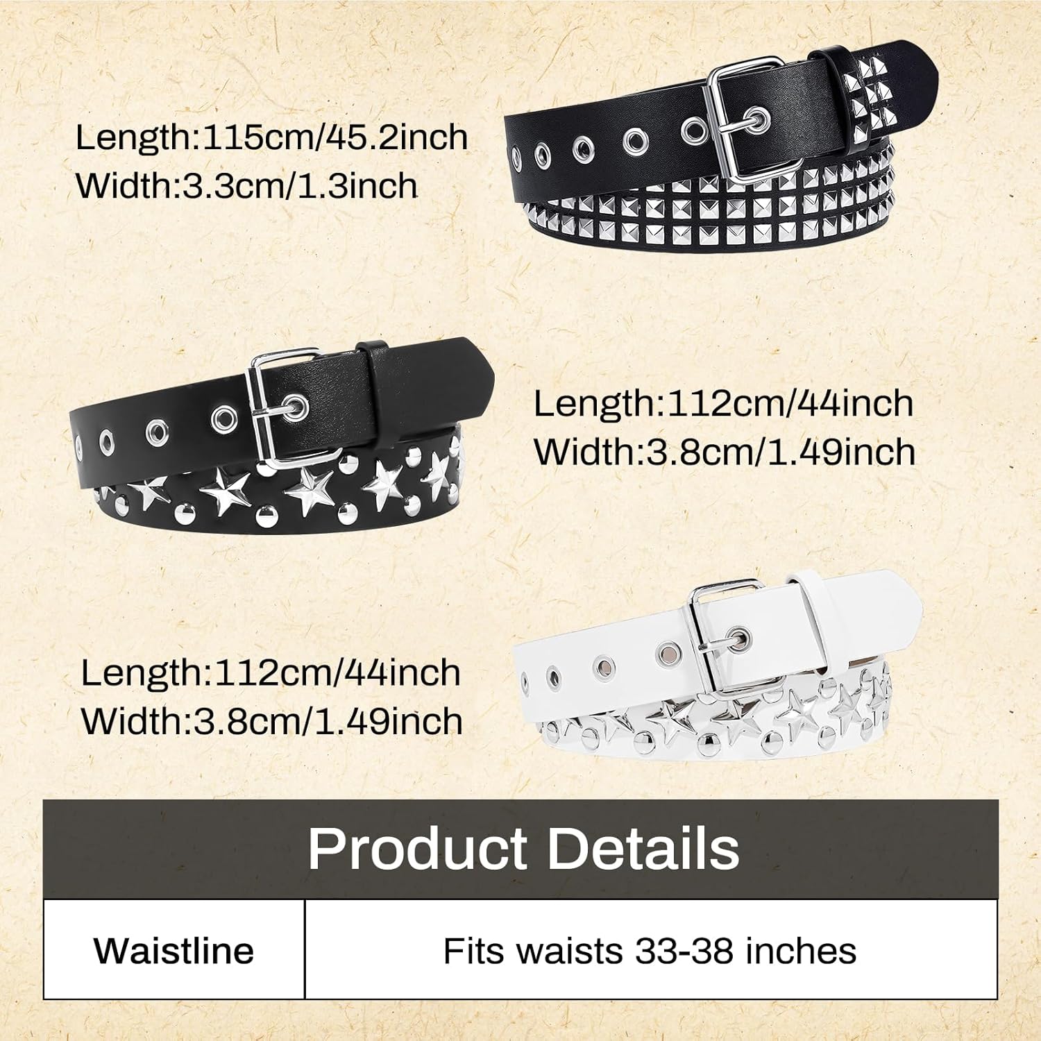 3 Pcs Black White Star Belt Studded Y2K Belt Punk Rock Belts with Grommet Threads Bright Metal Pyramid Gothic Belts for Women Men - Image 3