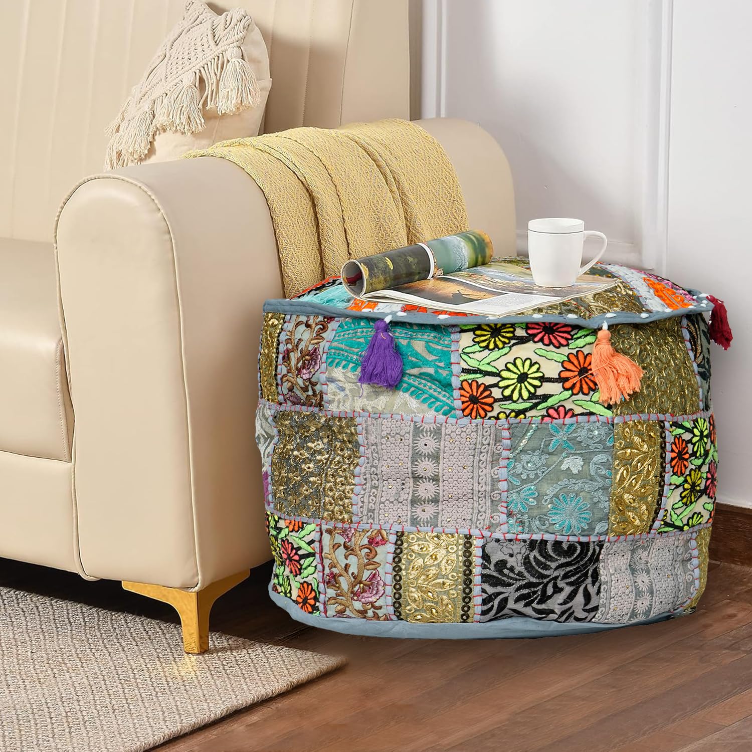Ottoman Pouffes Sitting Mudda Puffy Stool for Living Room Dressing Table Pouf Round Footstool for Office Home Decor Cotton Patchwork Decorative Pouffe (18x18x13 Inch, Grey)-image-46