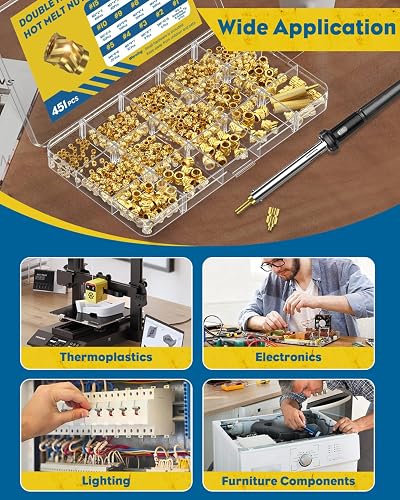 Uniclife 451 Pezzi Set Di Inserti Filettati Plastica, M2 M2.5 M3 M4 M5 M6 Inserti Termofissanti Punta Saldante & Adattatore, Inserti Termici in Ottone, Kit Dadi Zigrinati Metrici Componenti Stampa 3D - 7