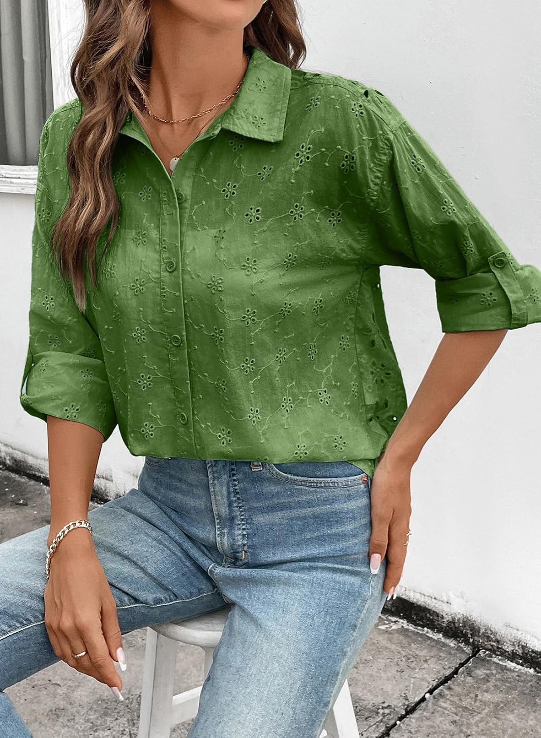 Dokotoo Womens Summer Tops Casual Button Down Long Sleeve Shirts for Women Loose Soft Cotton Hollow Out Blouses - Image 5