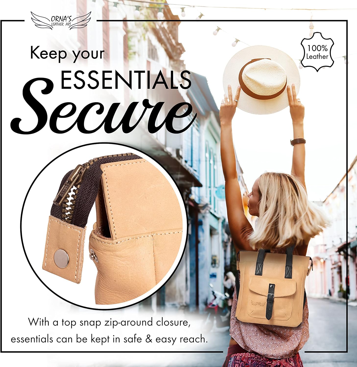 ORNA'S LEATHER ART | Mini SWAN Everyday leather backpack for Women. Practical, Stylish and Spacious Women’s Bag. Real Leather in A Chic Backpack And Contemporary Design (Sand)