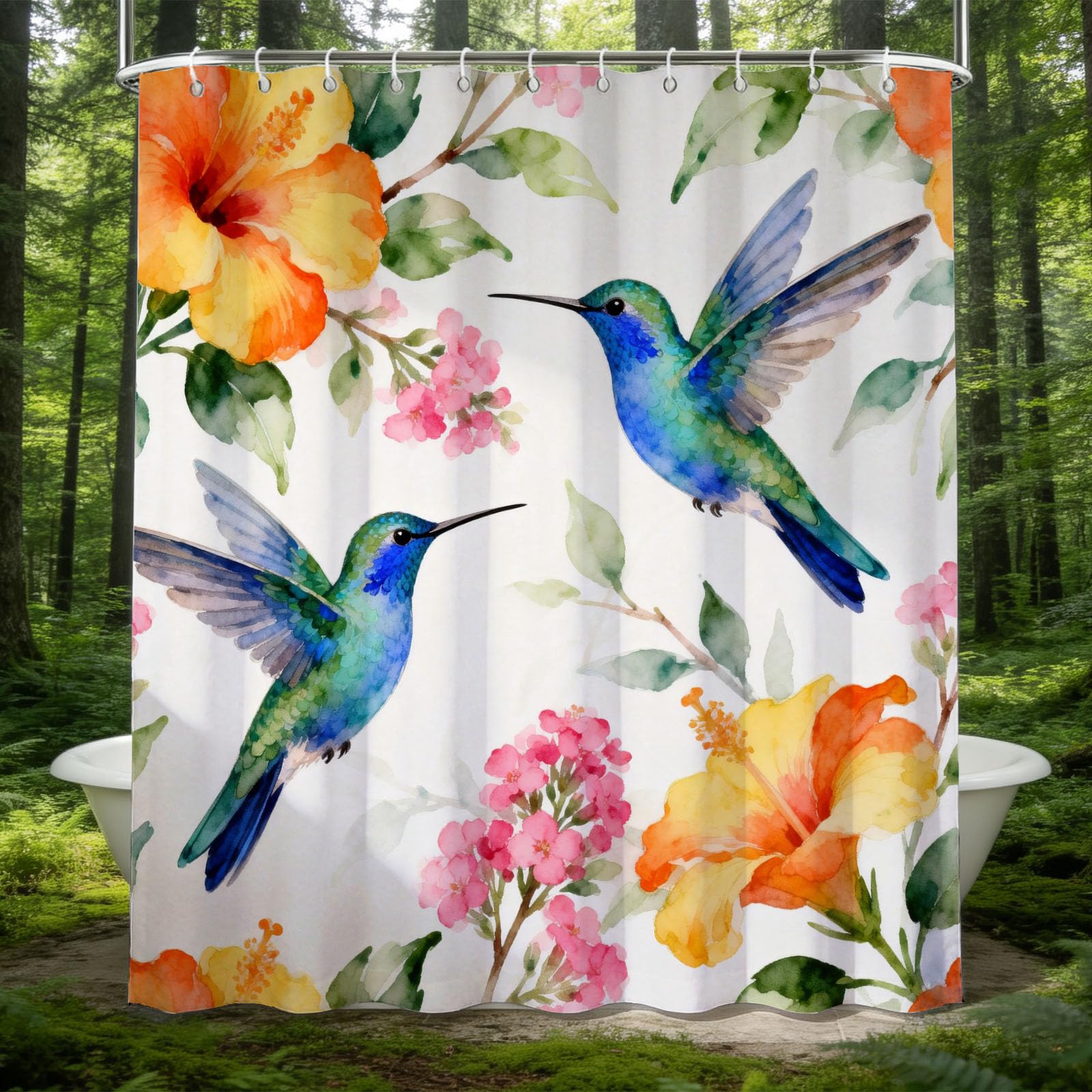 Hongduo 3D Hummingbird Shower Curtain for Stalls Bathtubs Floral Flowers Bathroom Decor Shower Curtain Set Polyester Fabric Waterproof 180x200cm/71X79 Inch with Hooks