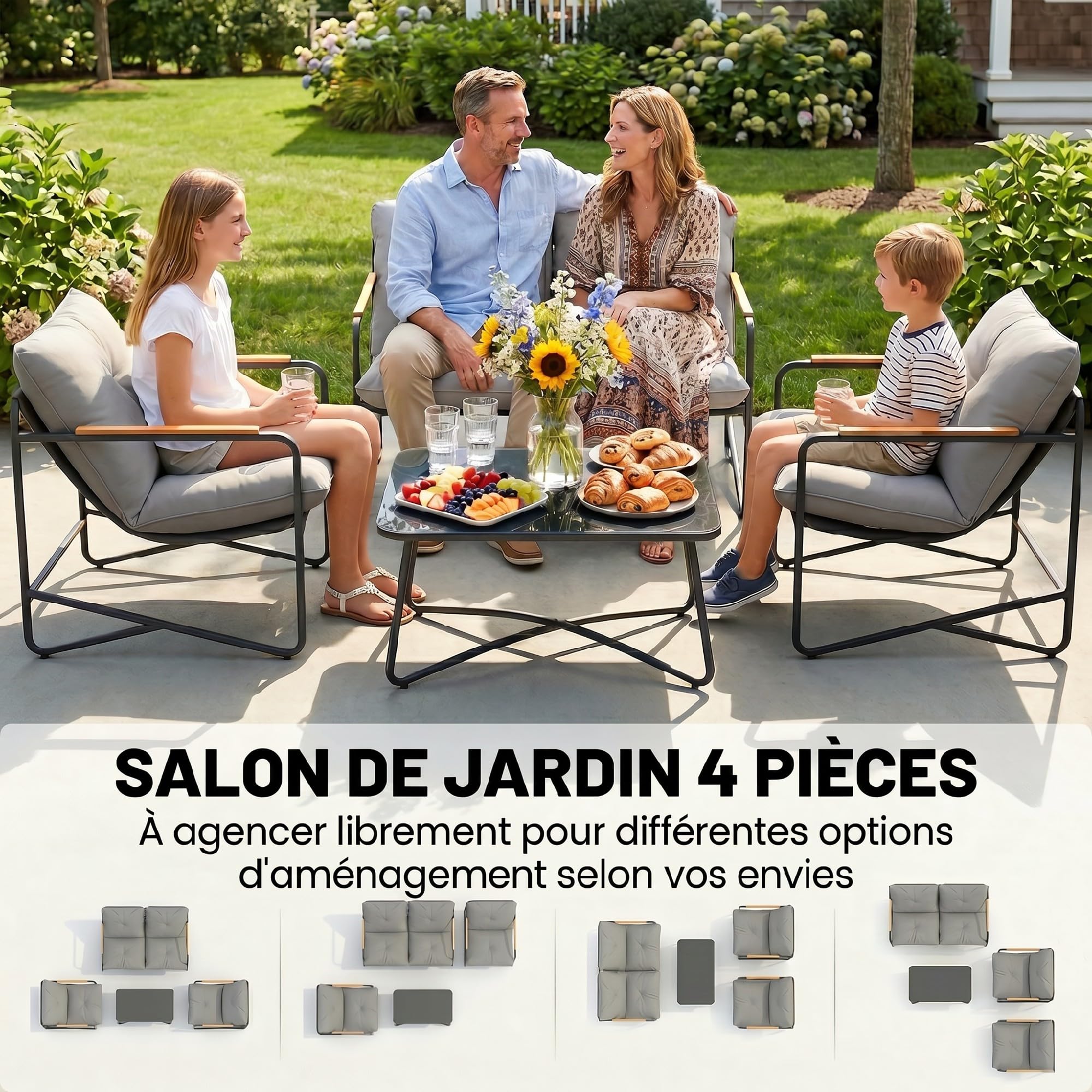 Outsunny Salon de Jardin 4 Pièces Canapé 2 Places 2 Fauteuils Gris Clair