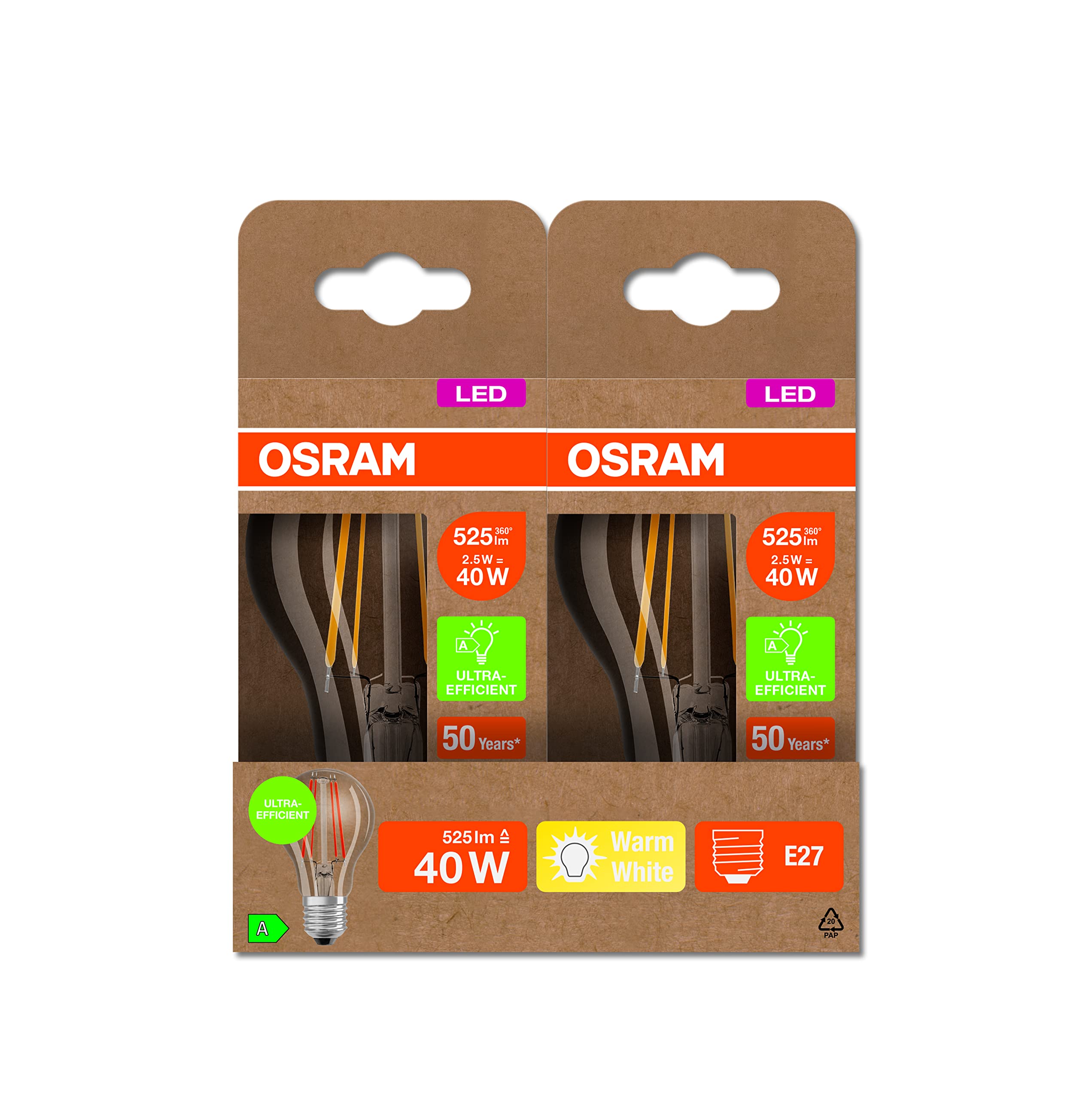 OSRAM Lámpara LED de ahorro de energía, bombilla de filamento de vidrio, E27, blanco cálido (3000K), 2,5 vatios, sustituye a la bombilla de 40W, altamente eficiente y de ahorro de energía,paquete de 6