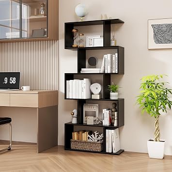 5-Tier Geometric Bookshelf, Freestanding Room Divider Bookcase, S-Shaped Decorative Storage Shelving, 62.5" Tall Display Book Shelf for Bedroom, Living Room 1, Black