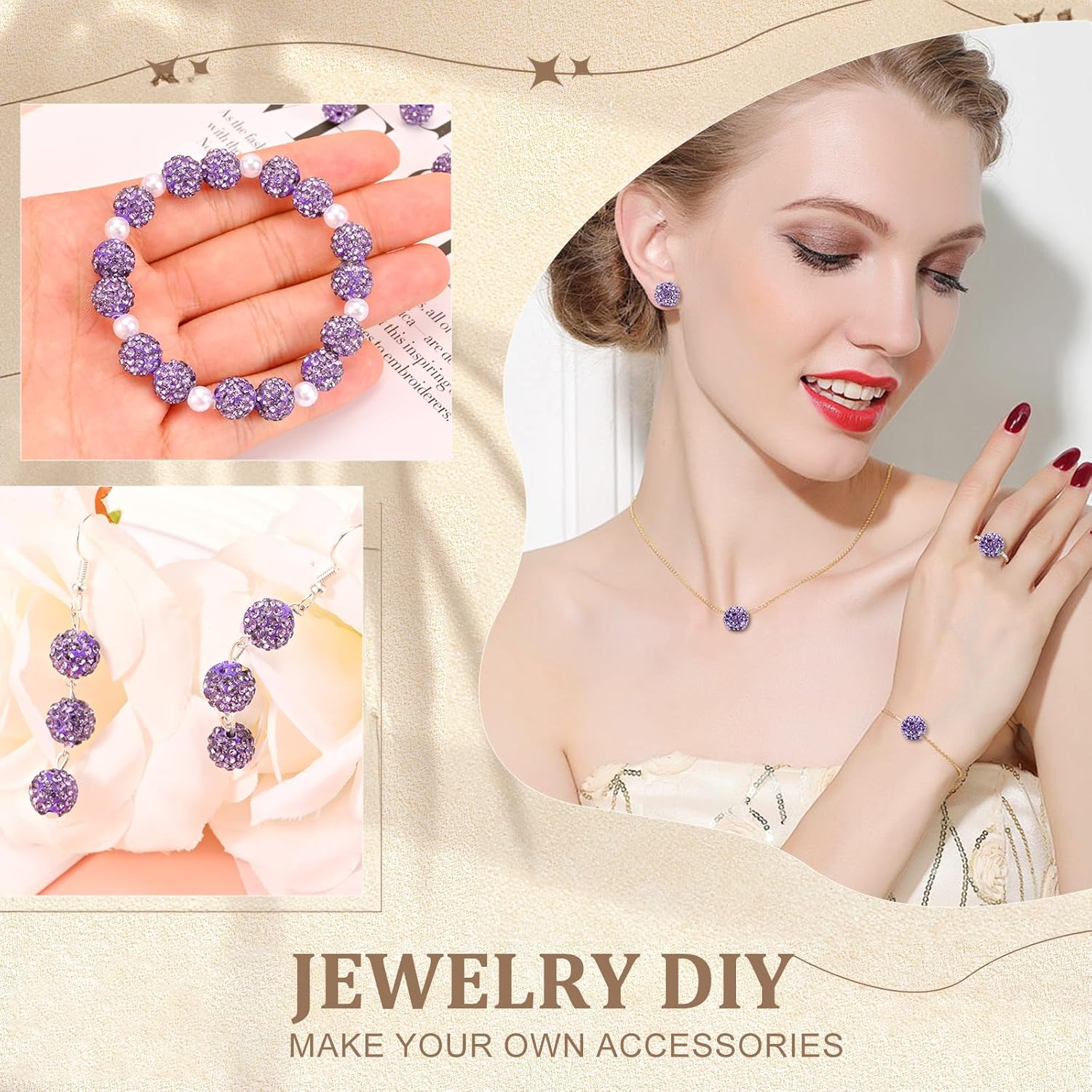 150pcs 10mm Rhinestone Beads for Jewelry Making,Full of Diamonds Round Disco Bead Bulk,Clay Bead for Crafting,Rhinestone Clay Beads for DIY Baseball Necklace Bracelet (Purple, 10mm/150pcs) - Image 5