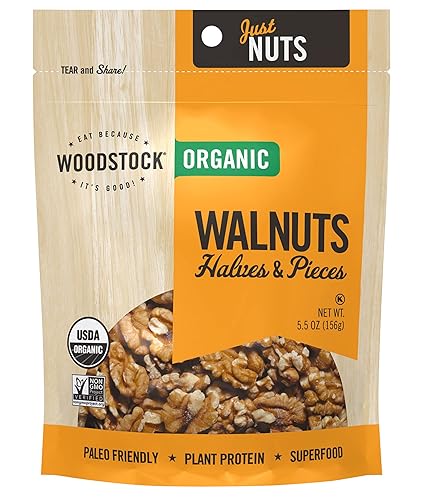 Woodstock Nueces orgánicas, crudas, mitades y trozos sin cáscara, 5.5 onzas (paquete de 8)