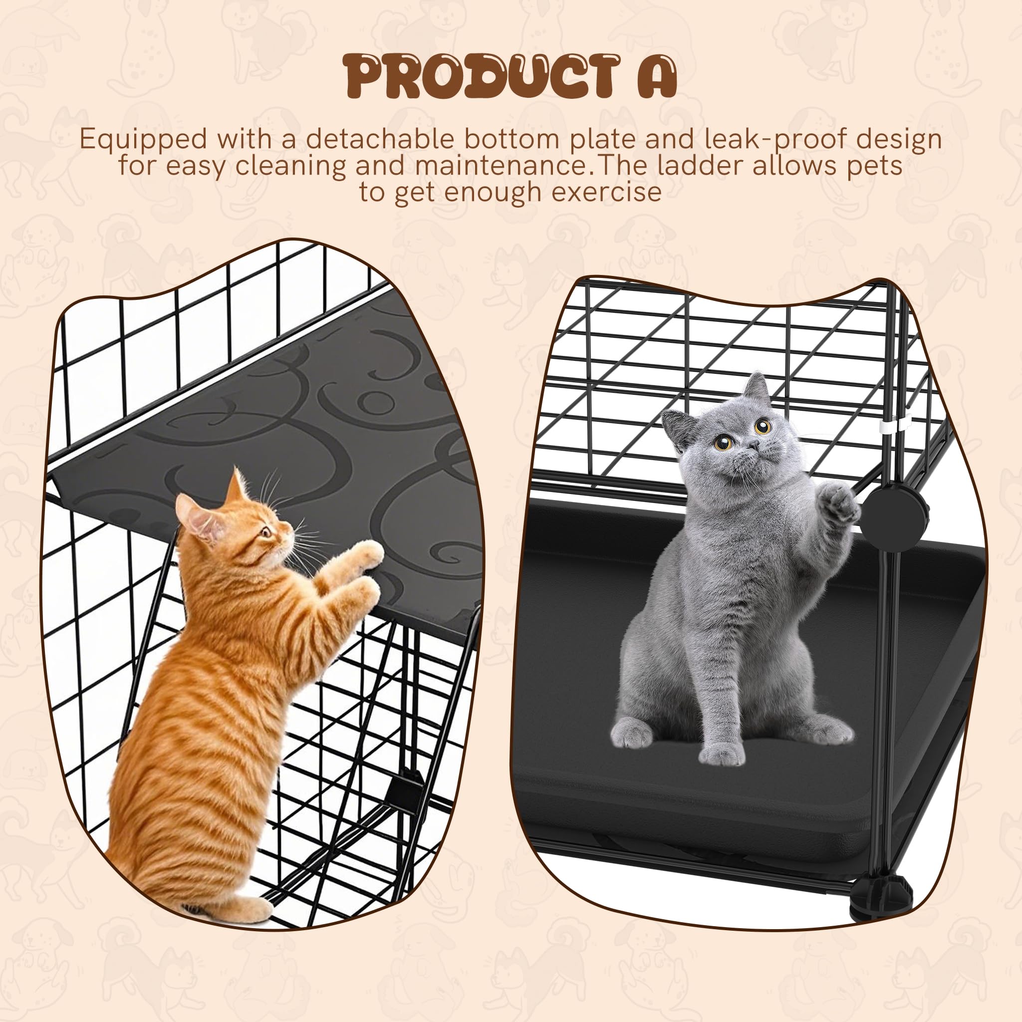 XMTECH Katzenkäfig für drinnen und draußen, 126x74x37 cm, 3-stöckiges Katzengehege, stabile Metallgitterkonstruktion, Rutschfester PP-Bodenplatte, für 1–2 Katzen, Schwarz