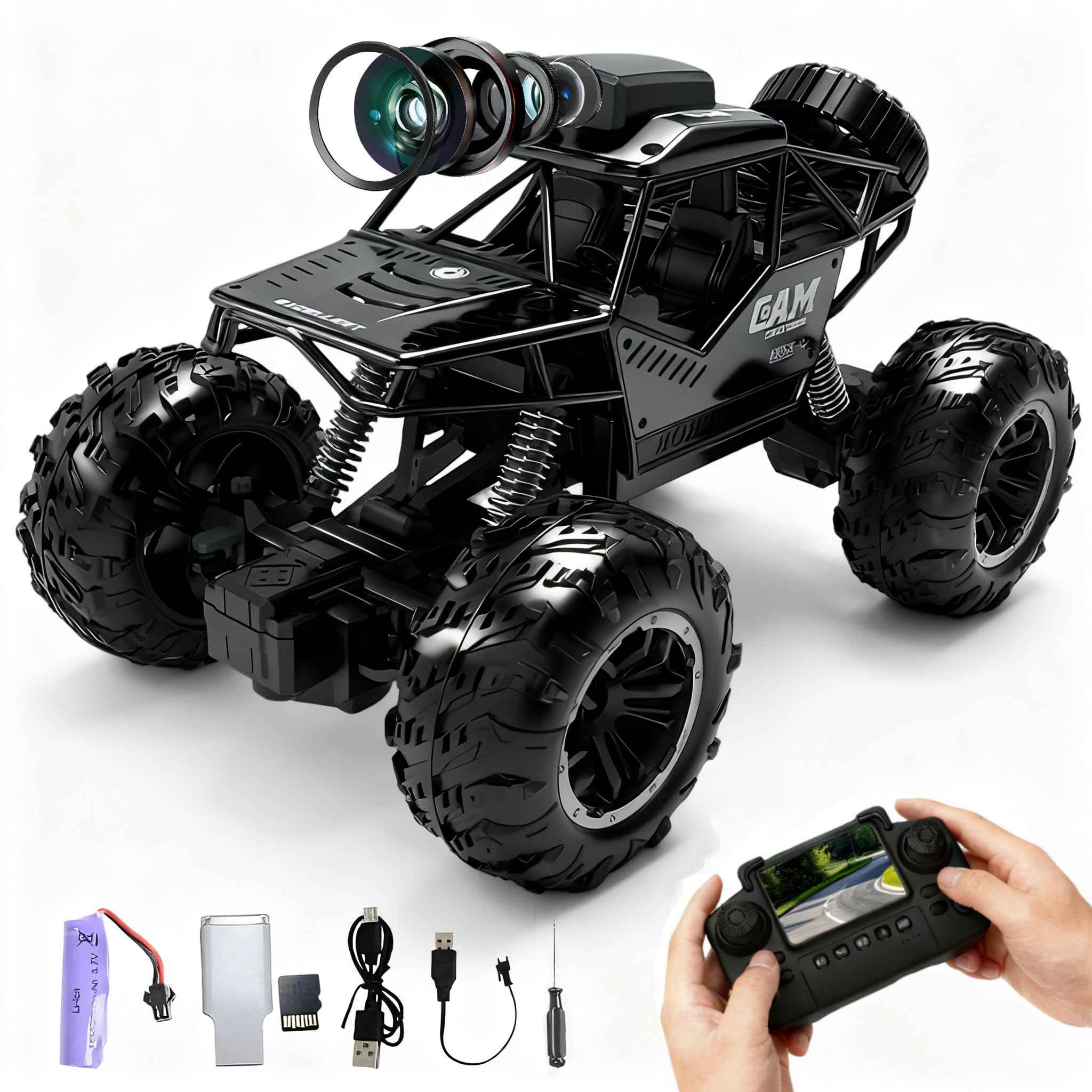 HUAJUN 2.4G RC Car with Camera, 4WD Off-Road Monster Truck, 4CH Remote Control Vehicle with Dual USB Charging Cables, Real-Time Video Photo Recording, 3.7V Battery, 40M Range, Gift for Kids & Adults