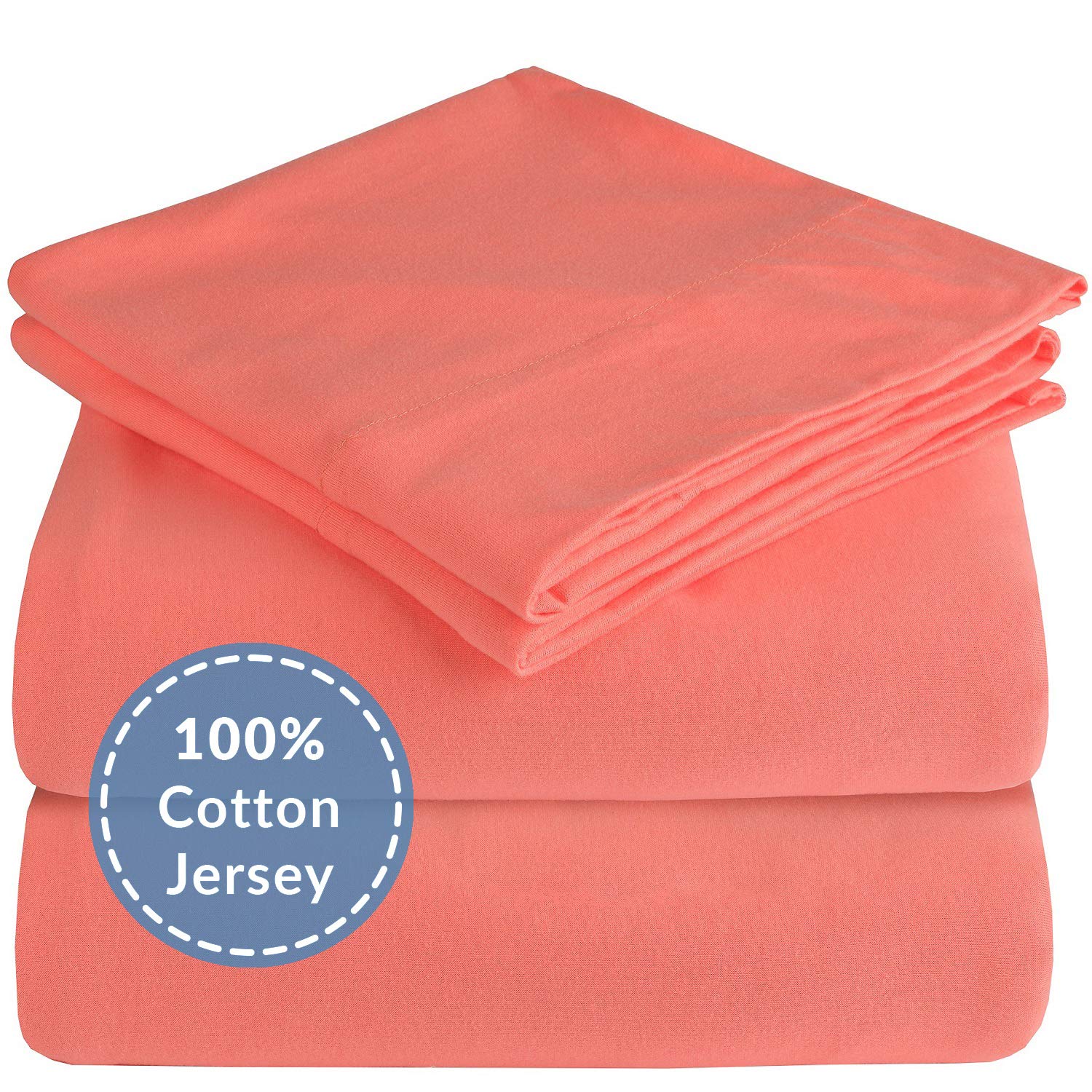 Mellanni Queen Jersey Knit Sheet Set - 4 pc Luxury 100% Cotton Sheets for Queen Size Bed Set - Soft Jersey Bed Sheets Queen - Deep Pocket Queen Sheet Set - T-Shirt Queen Size Sheets (Queen, Coral)