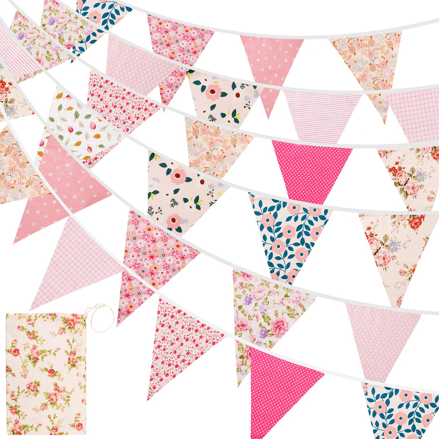 15M/50Ft Fabric Bunting, 45pcs Bunting Banner Cotton Vintage Floral Triangle Flags for Christmas Garden Birthday Party Outdoor Hanging Decoration（Pink）-image-45