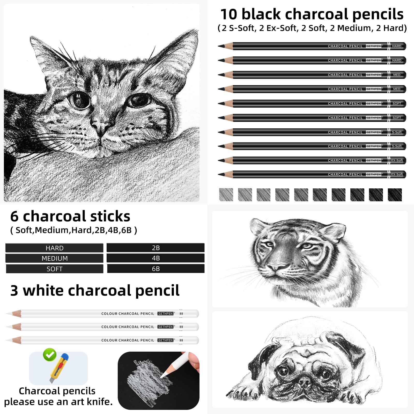Juego de dibujo de carbón, 27 lápices de carbón blanco y negro para dibujar, bocetar, sombrear, mezclar, palos de grafito para dibujar, suministros de arte de carbón, lápices de artista para