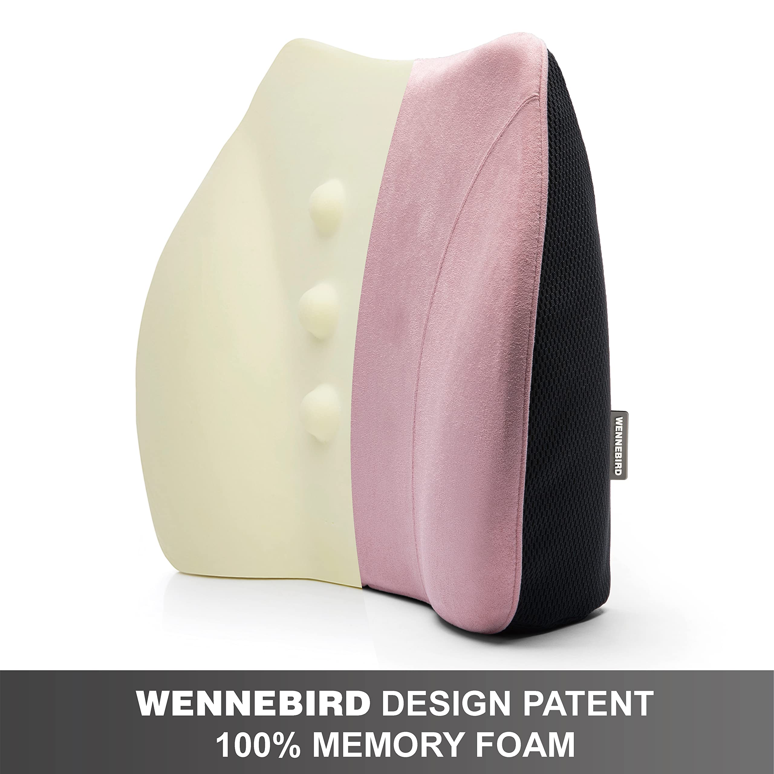 WENNEBIRD Model Q Lumbar Support Pillow - Memory Foam and Ergonomic Design for Improved Posture While Sitting - Office/Computer Chair, Car, Gaming, Couch, Recliner - Pink