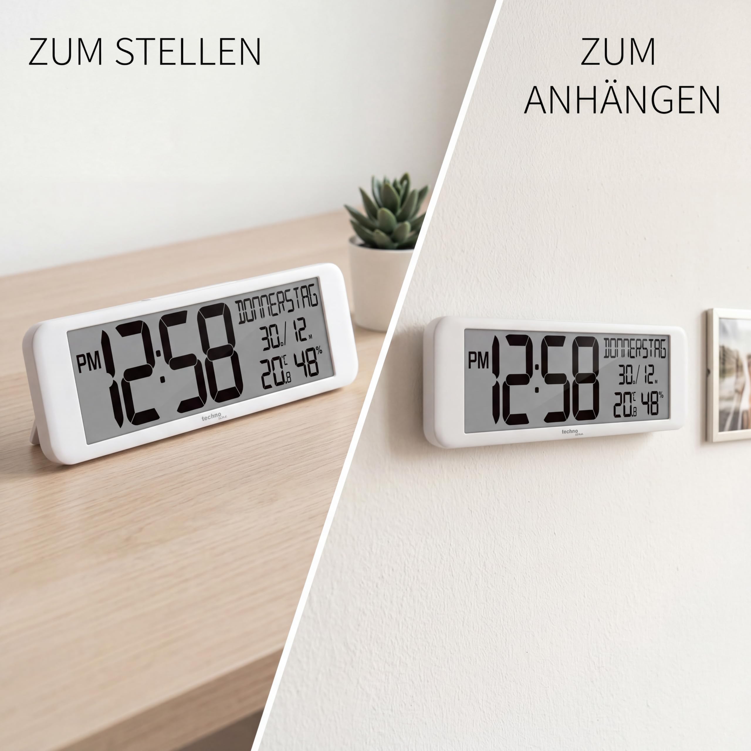 Technoline WS 8120 XXL Funkwanduhr mit DCF77 Funkuhr | Kalender | Temperatur- & Luftfeuchtigkeitsanzeige | extra großes Display | Wochentag ausgeschrieben | Wand- und Tischaufstellung | weiß
