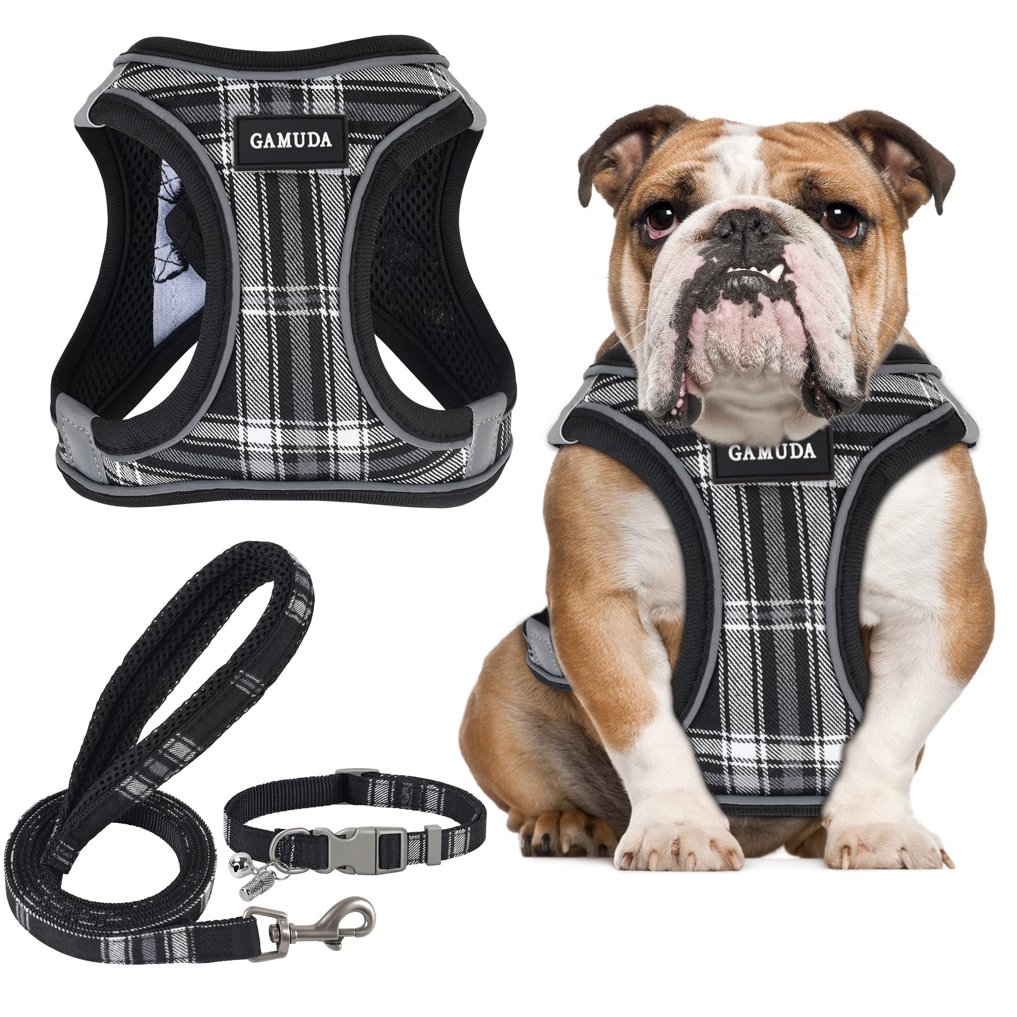 Small Pet Harness Collar and Leash Set, Step in No Chock No Pull Soft Mesh Adjustable Dog Vest Harnesses Plaid Reflective for Dogs Puppy and Cats Outdoor Training (Black, L)
