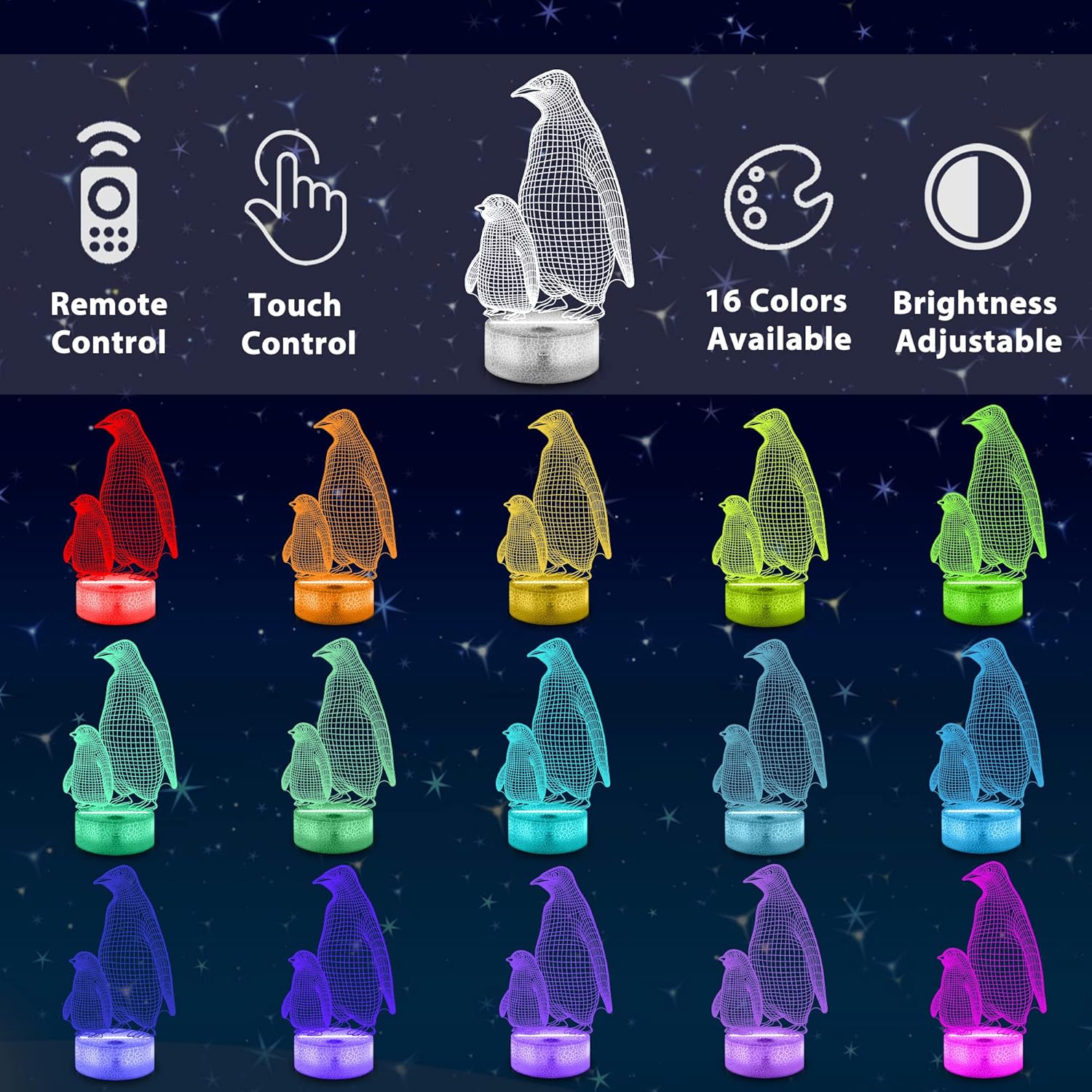 Lampeez Penguin Gift, Penguin 3D Night Light for Kids, 16 Colors Changing Illusion Lamp with Remote Control Dimmable Function 4 Flashing Mode, Kids Bedroom Decor Gifts for Boys Girls