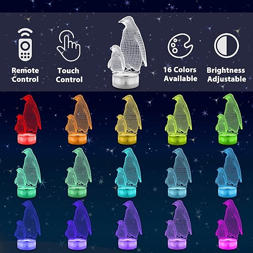 Miniatura 2 de Lampeez - Regalo de pingüino, luz nocturna 3D de pingüino para niños, lámpara de ilusión cambiante de 16 colores con control remoto con función