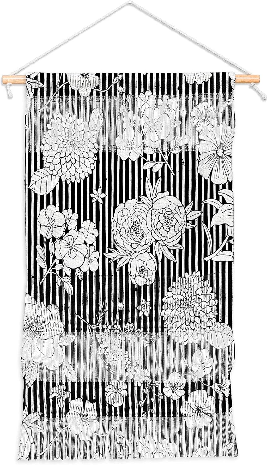 Deny Designs Flowers and Stripes Black White Ninola Designs Fiber Wall Hanging, Small Portrait (11” x 15.5