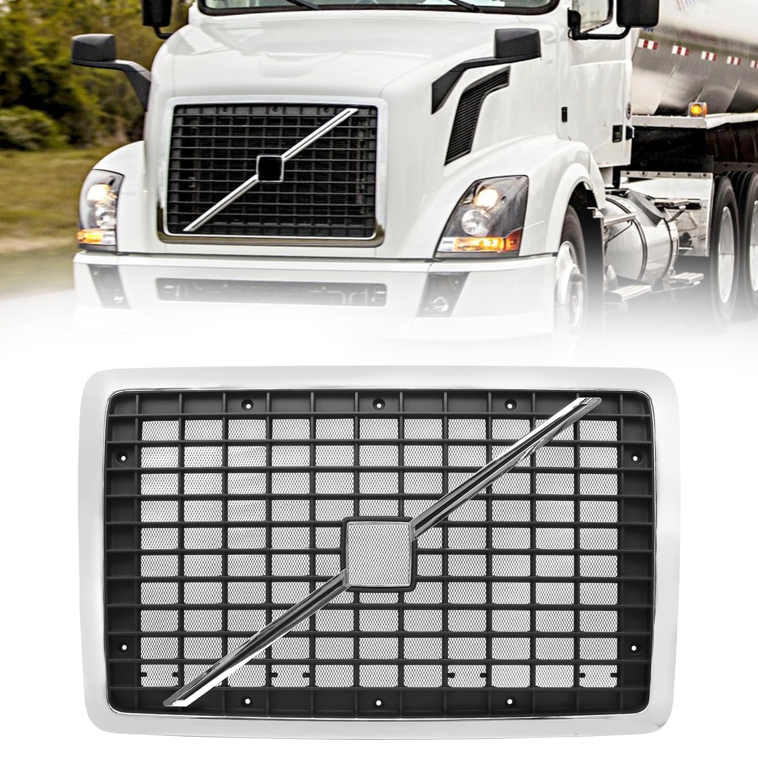 Chrome Front Grill Fit for 2004-2017 Volvo VNL Semi Trucks Grille with Bug Screen and Stripe (TR003)