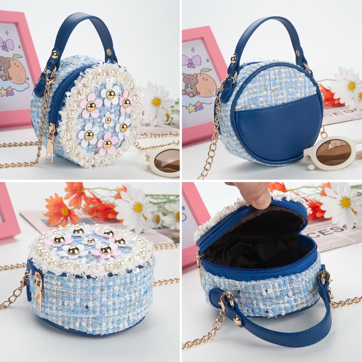Kids Purse for Girls Age 1-14, Flower Purse for Kids, Blue Toddler Wallet with Round Glasses, Cute Girls Handbag, Toddler Crossbody Bag Gift for Christmas - Image 5