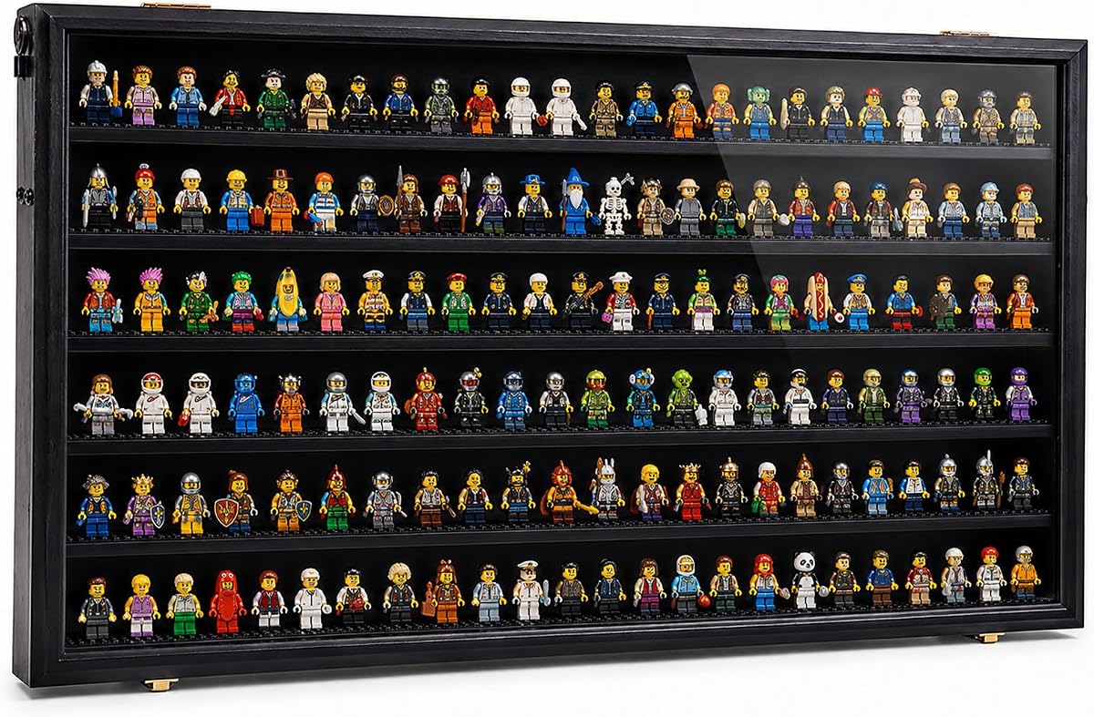Minifigure Display Case- 6 Layers, Flip-Up Doors with Support, Acrylic View Window, Handmade Wooden Case for Collectible Figures