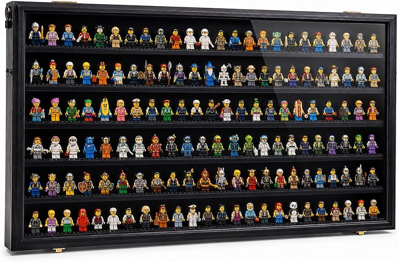 Minifigure Display Case- 6 Layers, Flip-Up Doors with Support, Acrylic View Window, Handmade Wooden Case for Collectible Figures